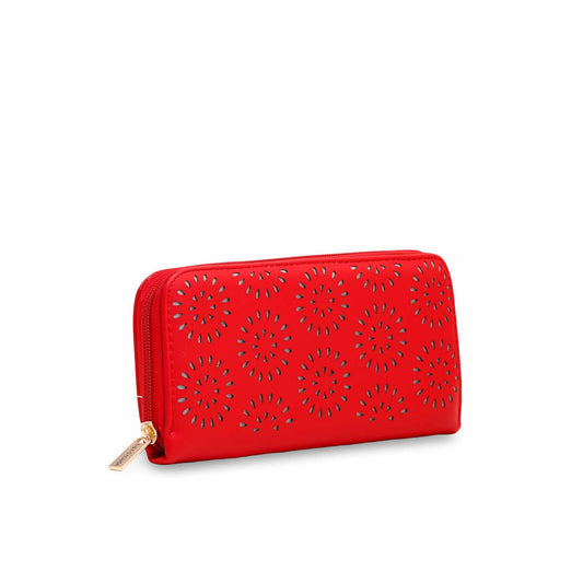 Women Red PU Leather Zip Around Wallet with Laser Cut Floral Pattern