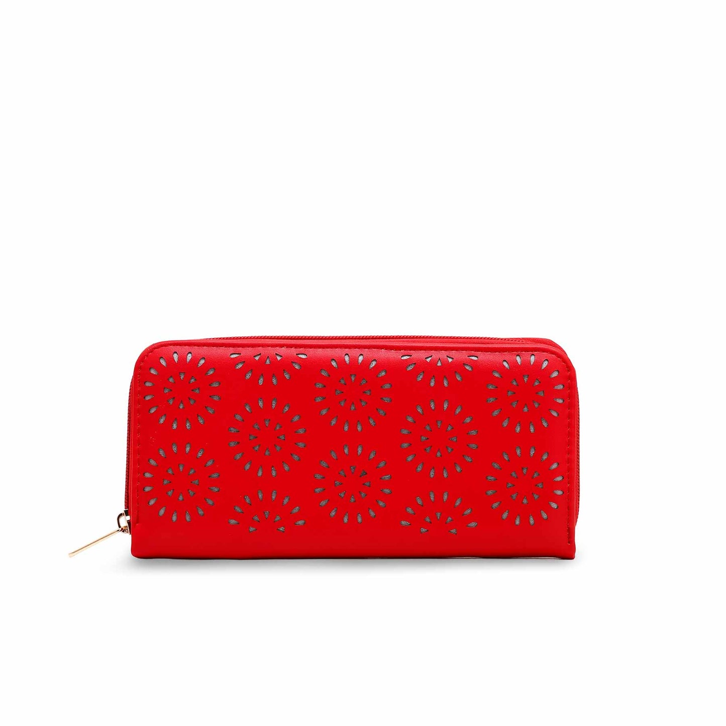 Women Red PU Leather Zip Around Wallet with Laser Cut Floral Pattern