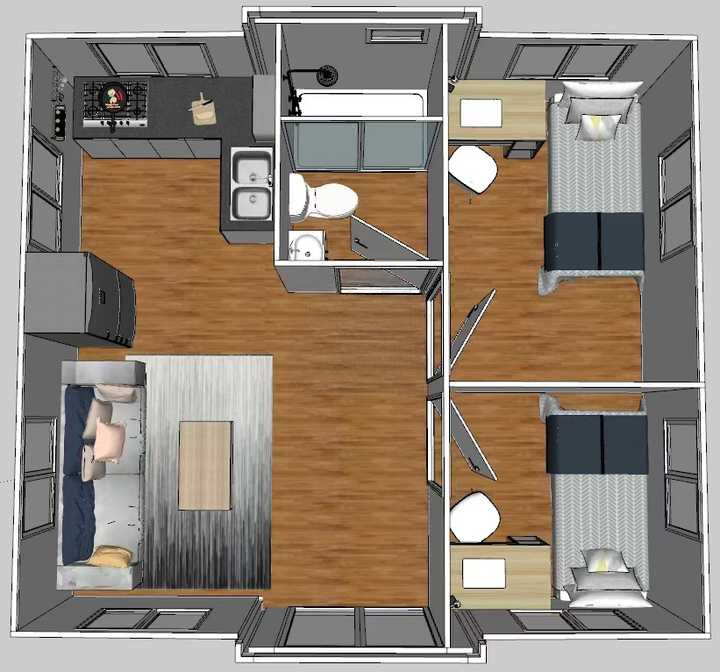 K68 Off-Grid Tiny Home With 2 Bedrooms, Kitchen & Bathroom (400 sq ft)
