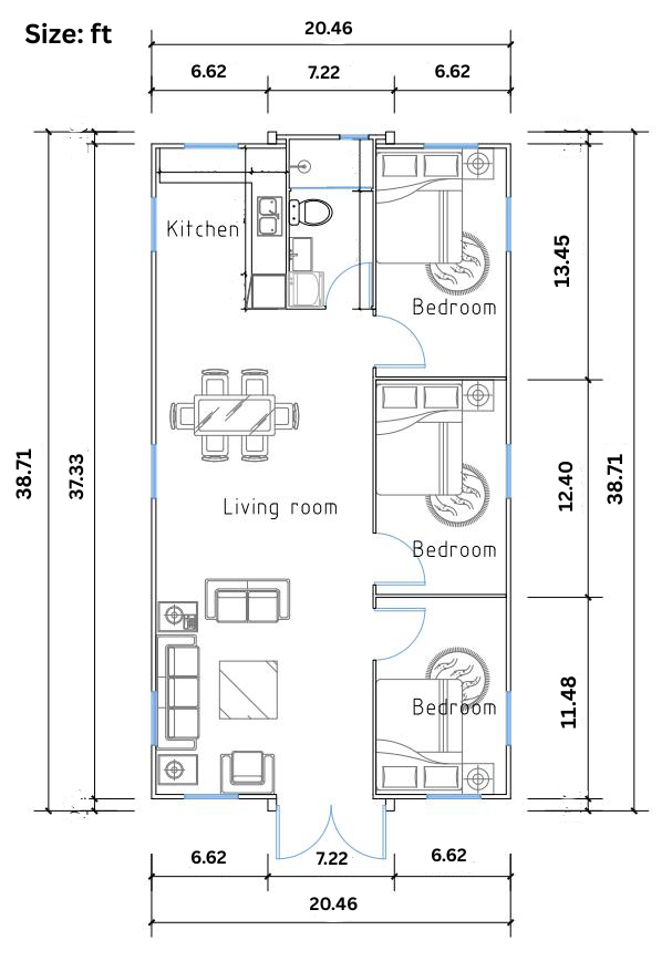 B6 Modern Prefab Home With 3 Bedrooms (800 sq ft)